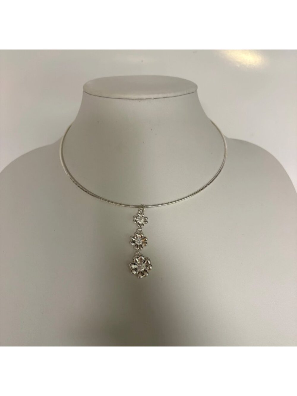 Monet Silver-Tone Drop Pendant Necklace Triple Metal Clovers Rhinestones VTG